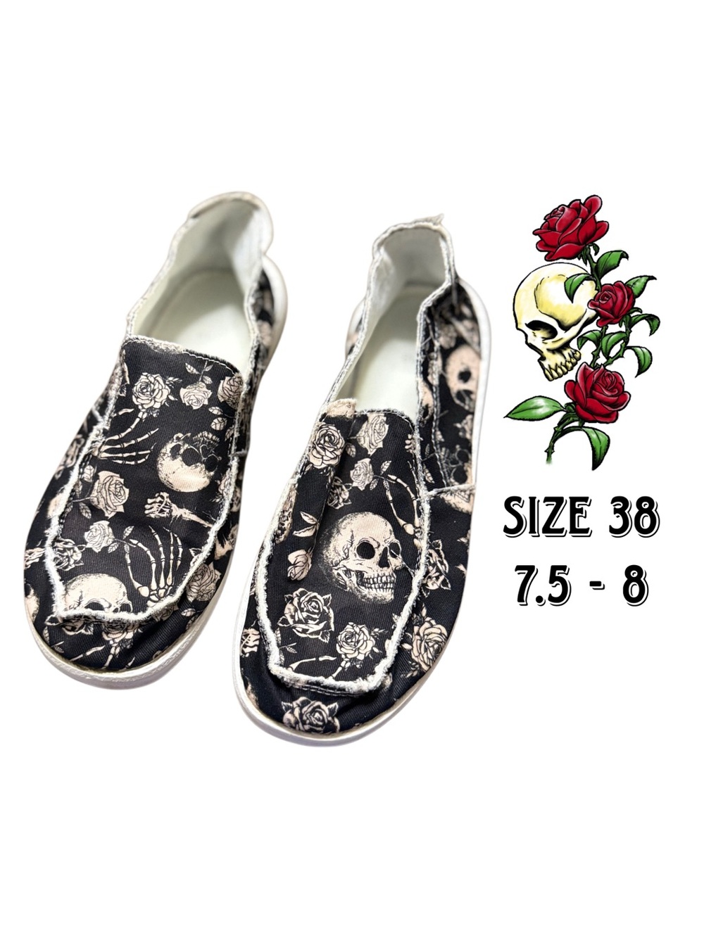 🖤🥀 💀 Skull & Roses Hey Dude Dupe | Whimsigoth Goth Slip-Ons | EU 38 🖤